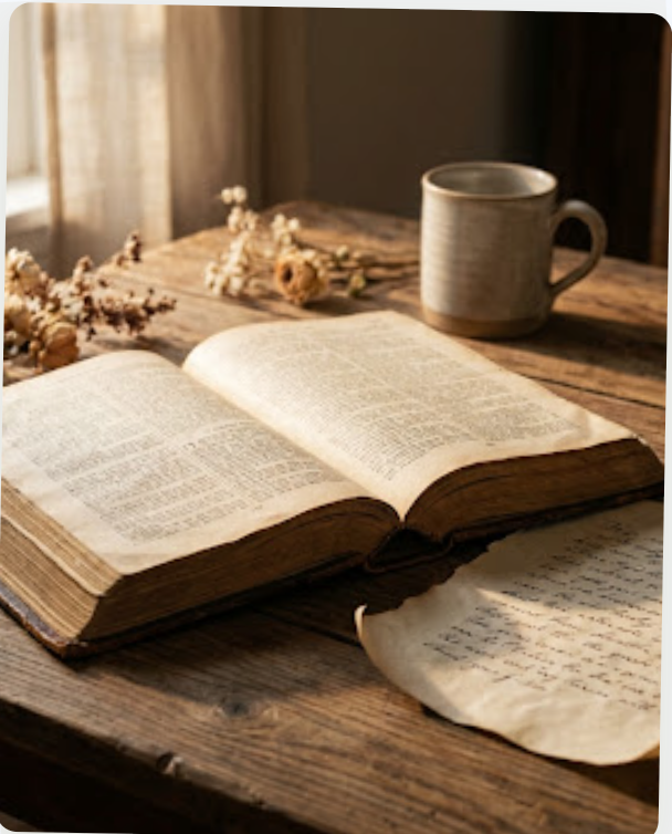 Open Bible with flowers and a cup of tea on a wooden table