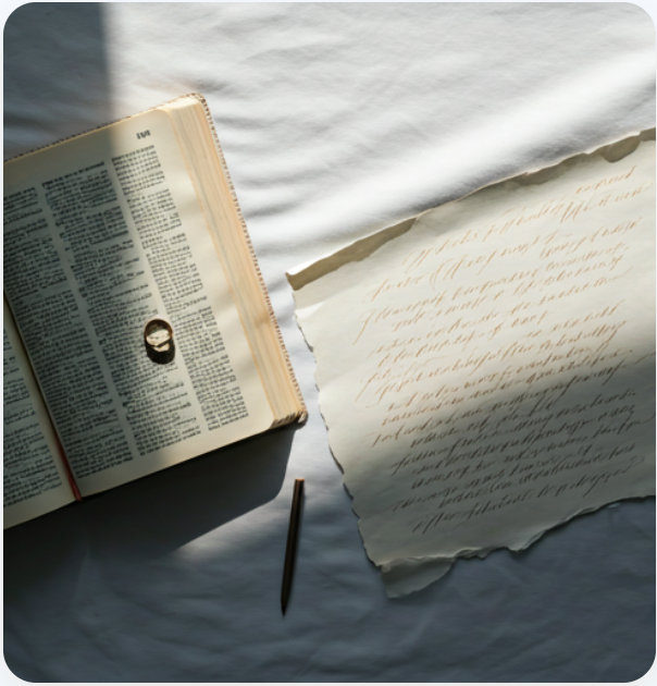 Open Bible with wedding ring and handwritten letter